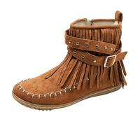 2025 Boots for Women Ladies Casual Solid Color Fringe Booties Comfortable Flat mid Cylinder Round Head Plus Size Western Boots Ankle for Women Slouchy (Brown, 5.5)