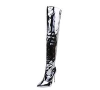 2025 Boots for Women Ladies Fashion Solid Color Bright Leather Side Zipper Thin high Heel Over The Knee Boots Women Snow Knee Length (Silver, 7)
