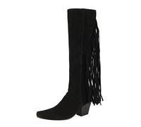 2025 Boots for Women Ladies Fashion Square Heel Square Toe Solid Color Back Fringe Retro mid high Boots Real Leather Women (Black, 5)