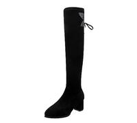 2025 Boots for Women Ladies Solid Color Suede Rhinestone Chunky Heel Height Enhancement Stretch Knee high Elastic Padded Long Boots Over The Knee Shiny (Black, 7)