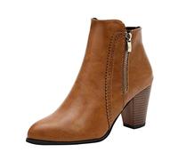 2025 Boots for Women Retro Women Leisure Solid Color Square Heels Zipper Short Booties Round Toe Shoes Boot Style Slippers (Brown, 6)