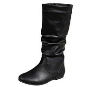 2025 Boots for Women Round Head Square Heel Side Zipper Solid Leather Boots Western Denim Fashion mid Sleeve Womens Large Calf (Black, 4.5)