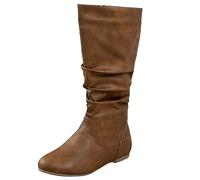 2025 Boots for Women Round Head Square Heel Side Zipper Solid Leather Boots Western Denim Fashion mid Sleeve Womens Large Calf (Brown, 5)