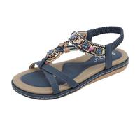 2025 Border Flower Comfortable Flat Sandals Women's Beach Sandals Womens Size 12 with Rhinestones (Blue, 5.5)