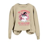 2025 Breast Cancer Shirts Women Halloween in October We Wear Hoodless Sweatshirt Plus Size Pullover Sweaters (Khaki, S)
