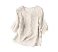 2025 Casual Five Cuff Cotton Linen V Neck Summer Embroidery Loose T-Shirt Top Blouse Knot Women, White, XXL