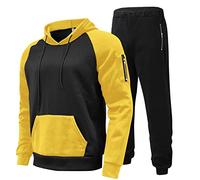 2025 Casual Solid Two Piece Zip Pocket Raglan Sleeve Hoodies Drawstring Zip Pocket Trousers Set History Wild West, yellow, XXL