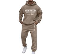 2025 Casual Sport Set for Mens Two Piece Suit Luxury 2 Piece Coral Fleece Hoodie and Jogger Loungewear Set Warm Soft Cosy Loungewear Matching Lounge Set Casual Sport Suit Xmas (Khaki, M)