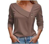 2025 Casual T Shirts Fitted Loose Tunnic Basic Tee Asymmetrical Neck Tops for Women Long Sleeve Button Collared V Neck Blouses 2024 Fashion Work Casual Shirts Plus Blouses for Women 2X (Coffee, XXL)