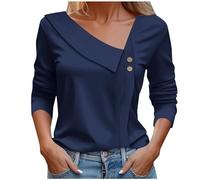 2025 Casual T Shirts Fitted Loose Tunnic Basic Tee Asymmetrical Neck Tops for Women Long Sleeve Button Collared V Neck Blouses 2024 Fashion Work Casual Shirts Plus Blouses for Women (Dark Blue, XXL)