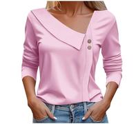2025 Casual T Shirts Fitted Loose Tunnic Basic Tee Asymmetrical Neck Tops for Women Long Sleeve Button Collared V Neck Blouses 2024 Fashion Work Casual Shirts Plus Blouses for Women 2X (Pink, L)