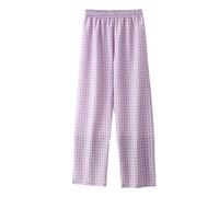 2025 - Casual Trousers with Checked Pattern for Women, Elastic Waist, Drawstring, Comfortable Trousers, White Trousers, Women's Medicine Short, purple, L