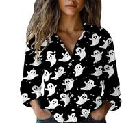 2025 Casual Work Long Sleeve Halloween Shirt for Women 2025 Women's Pumpkin Season Long Sleeved Casual Lined Button Shirt for Indoor Outdoor Work or Daily Life (Black, XXXXL)