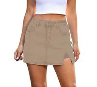 2025 Casual Work Long Sleeve Shirt for Women Skorts Bloomy Skorts Woman High Waisted Casual Stretchy Denim Skirt Side Split Skirts for Indoor Outdoor Work or Daily Life (Khaki, M)