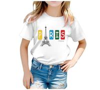 2025 Children's T-Shirt Girls T-Shirts T-Shirt 2024 Children France Theme Fashion Print Short Sleeve Crew Neck T-Shirt Tops Sports Clothing Summer Short Sleeve Sports Shirt Tops, White, 10-11 Years