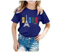 2025 Children's T-Shirt Girls T-Shirts T-Shirt 2024 Children France Theme Fashion Print Short Sleeve Crew Neck T-Shirt Tops Sports Clothing Summer Short Sleeve Sports Shirt Tops, blue, 6-7 Years