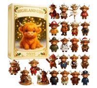2025 Christmas Advent Highland Cow - 2D Acrylic Charm Decoration, 24 Day Highland Cow Countdown Calendar, Interactive Festive Ornament for Christmas Tree, Car Rearview Mirror and Holiday Gifts