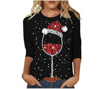 2025 Christmas Shirts for Women UK Funny Red Wine Glass Graphic Xmas Jumpers Cute Snowflake Print Ladies Tshirts Cotton 3/4 Length Sleeve Womens Tunic Blouses Comfy Sweatshirts
