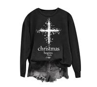 2025 Christmas Sweatshirt for Women UK Trendy Jesus Cross Print Pullover Tops Dressy Casual Long Sleeve Solid Color Shirts Ladies Comfy Crew Neck Going Out Jumper Blouse