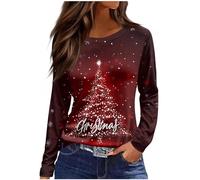 2025 Christmas Tops for Women UK Casual Long Sleeve Crewneck Lightweight Shirts Fall Trendy Xmas Tree Snowflake Print Blouse Dressy Comfy Loose Fit T-Shirt