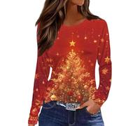 2025 Christmas Tops for Women UK Casual Long Sleeve Crewneck Lightweight Shirts Fall Trendy Xmas Tree Snowflake Print Blouse Dressy Comfy Loose Fit T-Shirt