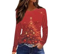 2025 Christmas Tops for Women UK Casual Long Sleeve Crewneck Lightweight Shirts Fall Trendy Xmas Tree Snowflake Print Blouse Dressy Comfy Loose Fit T-Shirt