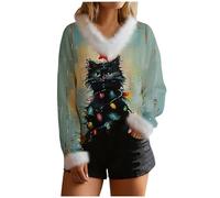 2025 Christmas Tops for Women UK Trendy Fleece Patchwork Long Sleeve V Neck Shirts Funny Xmas Tree Santa Snowflake Print Blouse Ugly Sweater Fall Winter Loose Fit Jumper