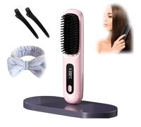2025 Cordless Hair Straightener Brush, Glow Wave Heated Brush for Short Hair, Portable Rechargeable Cordless Mini Straightener Comb Fast Heating (Pink)