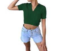 2025 Cozy Plain Sweaters Tops for Women Women's Cable Short Sleeve Sweaters Tops Solid Lapel V Neck Knit Casual Soft Pullover Shirt for Outdoor Xmas Gifts (Green, XXXL)