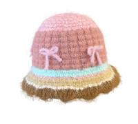 2025 Cute Bow Bucket Hat Y2K Soft Knitted Beanie Hat Fashion Striped Winter Warm Fisherman Cap for Women and Girls(Blue) (One Size)