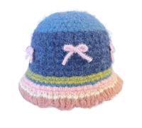 2025 Cute Bow Bucket Hat Y2K Soft Knitted Beanie Hat Fashion Striped Winter Warm Fisherman Cap for Women and Girls(Blue) (Blue One Size)