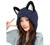 2025 Cute Cat Ears Beanie Hat Y2K Crochet Knitted Winter Hat Soft Warm Ear Protection Skull Cap for Women and Girls(Navy Blue) (Navy Blue One Size)