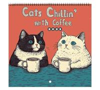 2025 Cute Cat Illustration Calendar - Features a funny cat lounging with coffee design, a monthly wall planner perfect for home use.