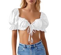 2025 Dirndl Blouse Women German Dirndl Blouse Bavarian Oktoberfest Costume Beer Festival Short Sleeve White Dirndl Shirts Crop Tops (White, S)