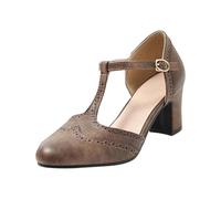 2025 Elegant Retro High Heel with Open Strap Heel, Stylish with Large Button Detail Ankle Strap, brown, 6 UK