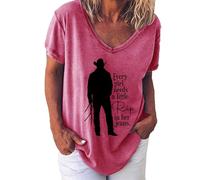 2025 Every Girl Needs A Little Rip in Her Jeans T-Shirt for Women,Vintage Letter Print Short Sleeve V Neck Shirt, Pink, L