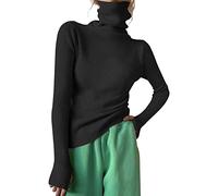 2025 Fashion Sweater Tops for Women Pullover Women Turtleneck Ribbed Knit Sweater Top Thumb Hole Long Sleeve Mock Neck Solid Slim Fit Casual Knitted Jumper Quality Sweatshirts for Men (Black, S)