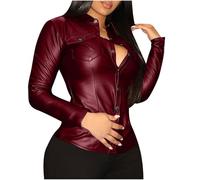2025 Faux Leather Jacket PU Press Stud Placket Shirt Shacket Long Sleeve Motorcycle Fashion Jacket Tops Chinese Blouse, red, S
