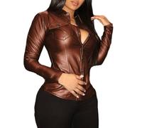 2025 Faux Leather Jacket PU Press Stud Placket Shirt Shacket Long Sleeve Motorcycle Fashion Jacket Tops Chinese Blouse, brown, M