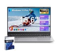 2025 Gina 15 15.6 Inch FHD Windows 11 Pro Laptop Computer for Home/School/Business, Intel 4-Core N100 up to 3.4GHz, 16GB DDR5 RAM, 1TB SSD, Free Office, Fingerprint, Numeric Keypad, Webcam, Type-C