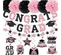 2025 Graduation Decorations, Black and Pink Glitter Congrats Grad Banner, Grad Garland, Hanging Swirls, Paper Pom Poms for Class of 2025 Graduation Party Decorations
