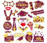 2025 Graduation Photo Booth Props, 23 Pcs Burgundy Red Gold Congrats Class of 2025 Photo Booth Props Set for Graduation Party Favors Supplies Decorations, 2025 Grad Party Pose Signs for Kids Boy Girl