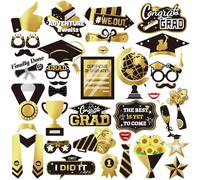 2025 Graduation Photo Booth Props 36PCS Black Gold Graduation Photo Props Class of 2025 Grad Decor with Sticks Glitter Class 2025 Graduate Celebrations Family Graduating Party Supplies