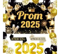 2025 Graduation Prom Decorations - Includes 2 Prom King & Queen Satin Sashes, Golden 2025 Foil Balloons, Large Graduate Backdrop, 18 Black Gold Balloons, Perfect for High School/College Party