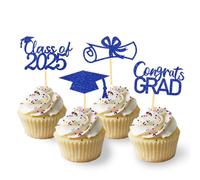 2025 Graduation Theme Cupcake Toppers Glitter Class of 2025 Graduation Cap Diploma Cupcake Picks - Set of 24 (Blue)