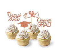2025 Graduation Theme Cupcake Toppers Glitter Class of 2025 Graduation Cap Diploma Cupcake Picks - Set of 24 (Orange)