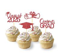 2025 Graduation Theme Cupcake Toppers Glitter Class of 2025 Graduation Cap Diploma Cupcake Picks - Set of 24 (Red)