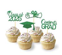 2025 Graduation Theme Cupcake Toppers Glitter Class of 2025 Graduation Cap Diploma Cupcake Picks - Set of 24 (Green)