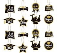 2025 Graduation Tree Hanging Decorations (16Pcs) - Black Gold Mini Pendants for Grad Party, Class of 2025 Ornaments, Congrats Hanging Cards with Cords, Graduation Bouquet & Prom Decor