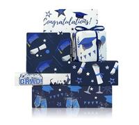 2025 Graduation Wrapping Papers, 6 Sheets Blue and White Grad Gift Wrap, 50x70cm per Sheet with 1 Roll Blue Ribbon for Ceremony Party Grade Class Celebrations Graduation Supplies Decorations
